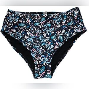 ☀️ NWOT Black Blue Pink Floral Full Coverage Bikini Bottom High Waisted Sz XL